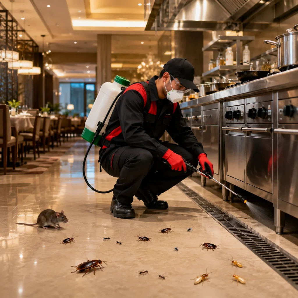 Commercial pest control service in Noida – satisfied commercial property client with Orient Pest Control technician after treatment