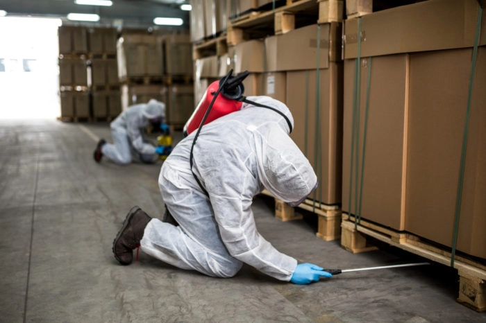Warehouse pest control service in Noida – technician installing numbered rodent monitoring stations in a distribution centre