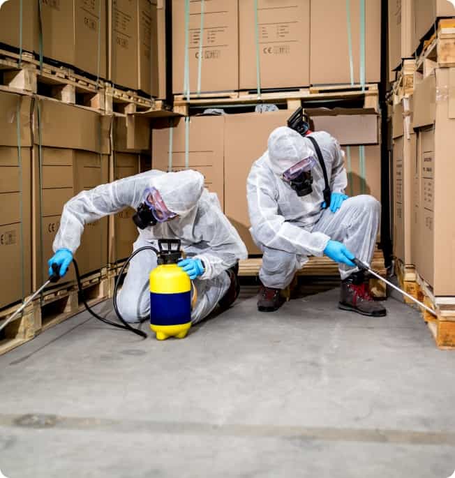 Warehouse pest control service in Noida – Orient Pest Control technician with a warehouse client after treatment